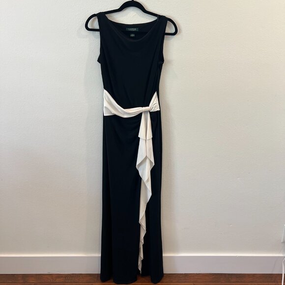 LAUREN Ralph Lauren Evening B&W Draped Ruffled Sleeveless Long Gown Sz 8 - Picture 3 of 7